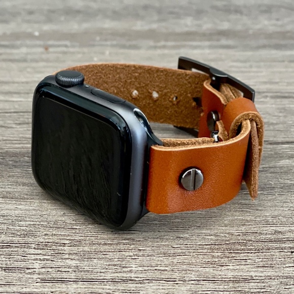 Light Brown iWatch Series 7 Leather Band Black Metal Women Jewelry Bracelet main image 9